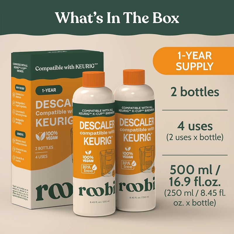 Roobi Keurig Compatible Descaling Solution. Specially Formulated for Descaling & Cleaning. 2 Uses per Bottle, 2 Pack. Carbon Neutral Keurig Descaling Kit. - Image 4